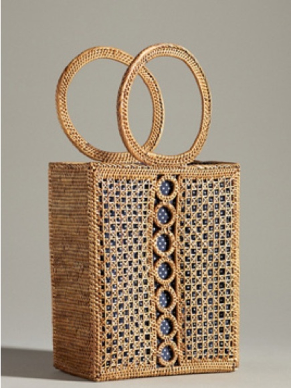 Anthropologie Woven Rattan Box Tote with Navy Accents